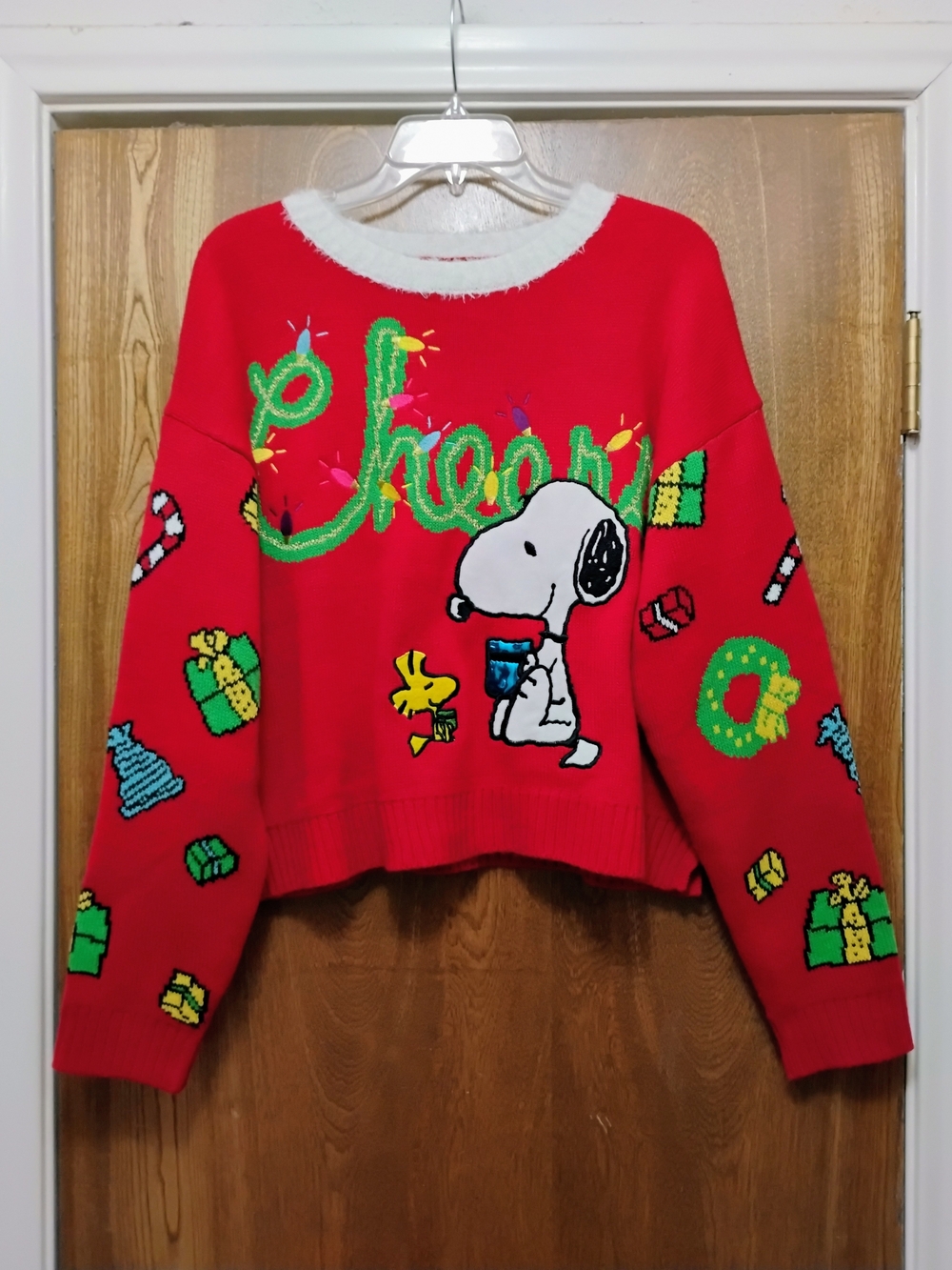 Peanut Snoopy Woodstock Red Crew Neck Embroidered Sweater Women's Large Holiday